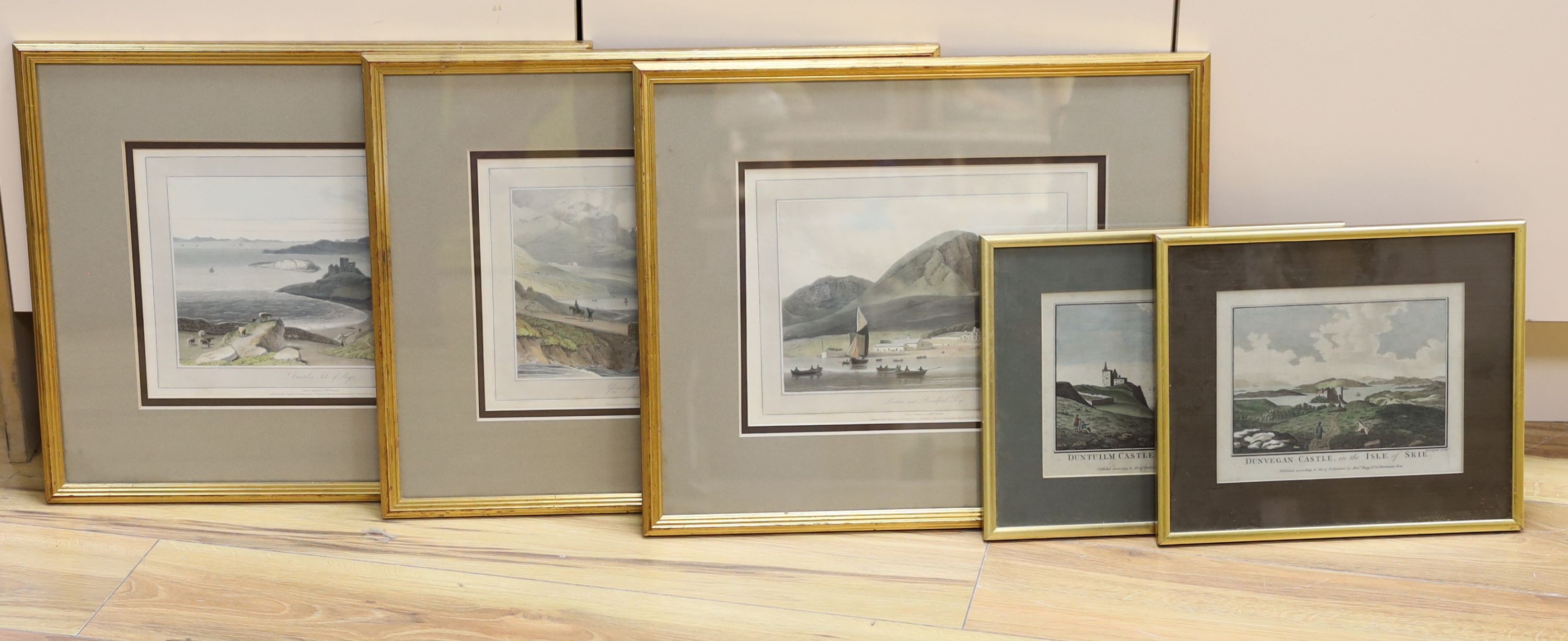 William Daniell, three coloured aquatints, Views of the Isle of Skye, 16 x 24cm and a pair of earlier engraved views by Eastgate